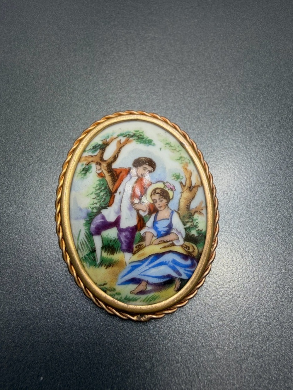 💚2/$60Vintage Limoges Brooch Blue Dress #104PO